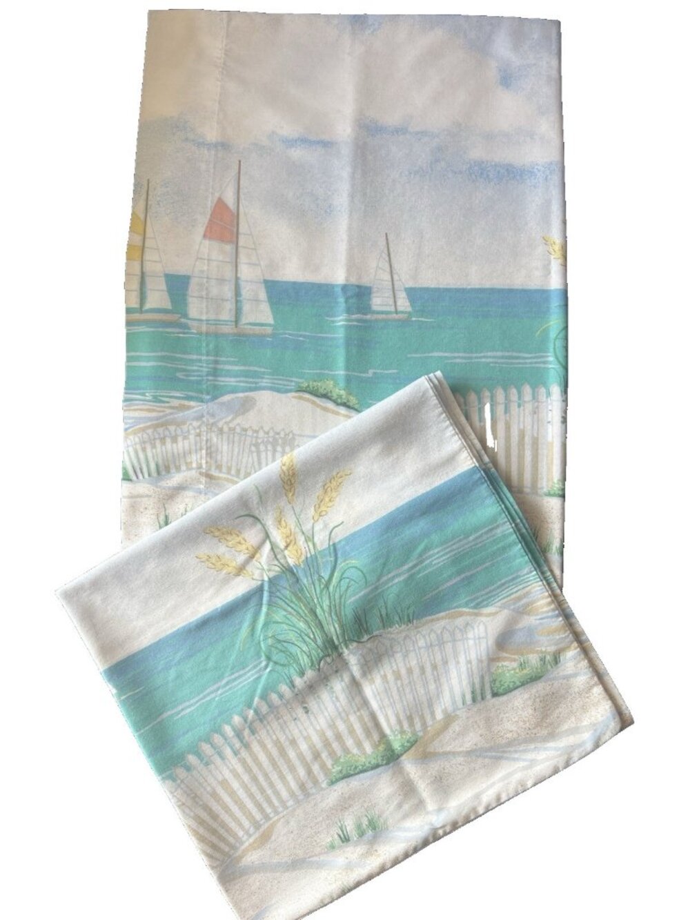 SPRINGS Pillowcase PAIR Standard Beach House Sailboats Ocean Sea Oats 50% Cotton